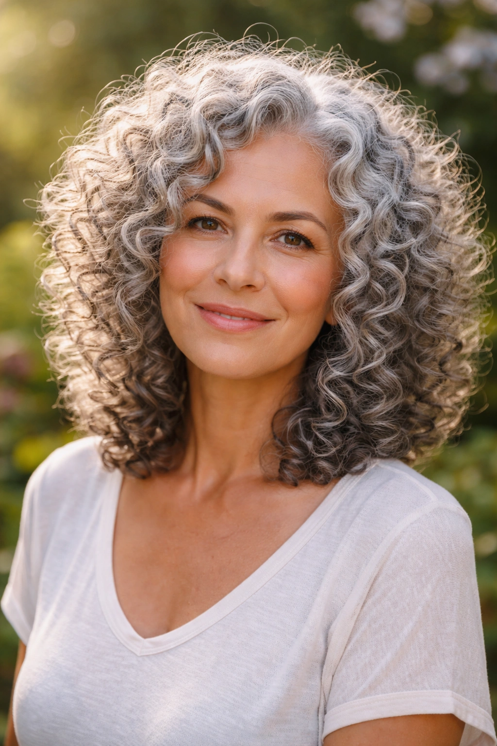 Close-up of a 50+ woman with silver curls in a wash-and-go style