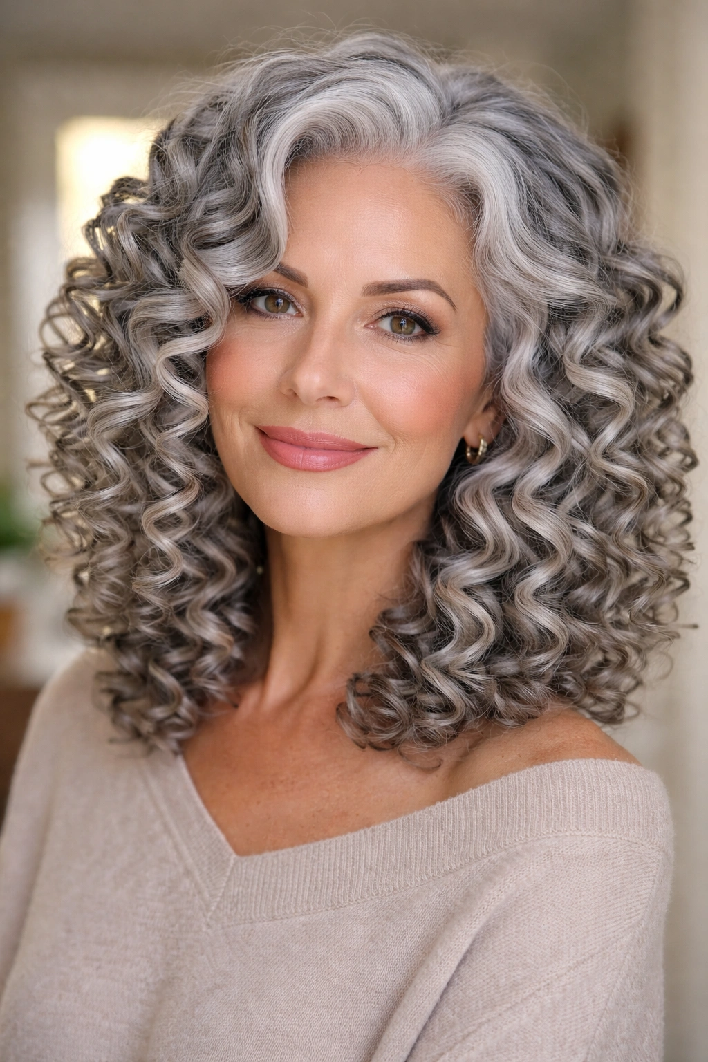 Close-up of a real woman with silver hair styled in a flexi-rod set.