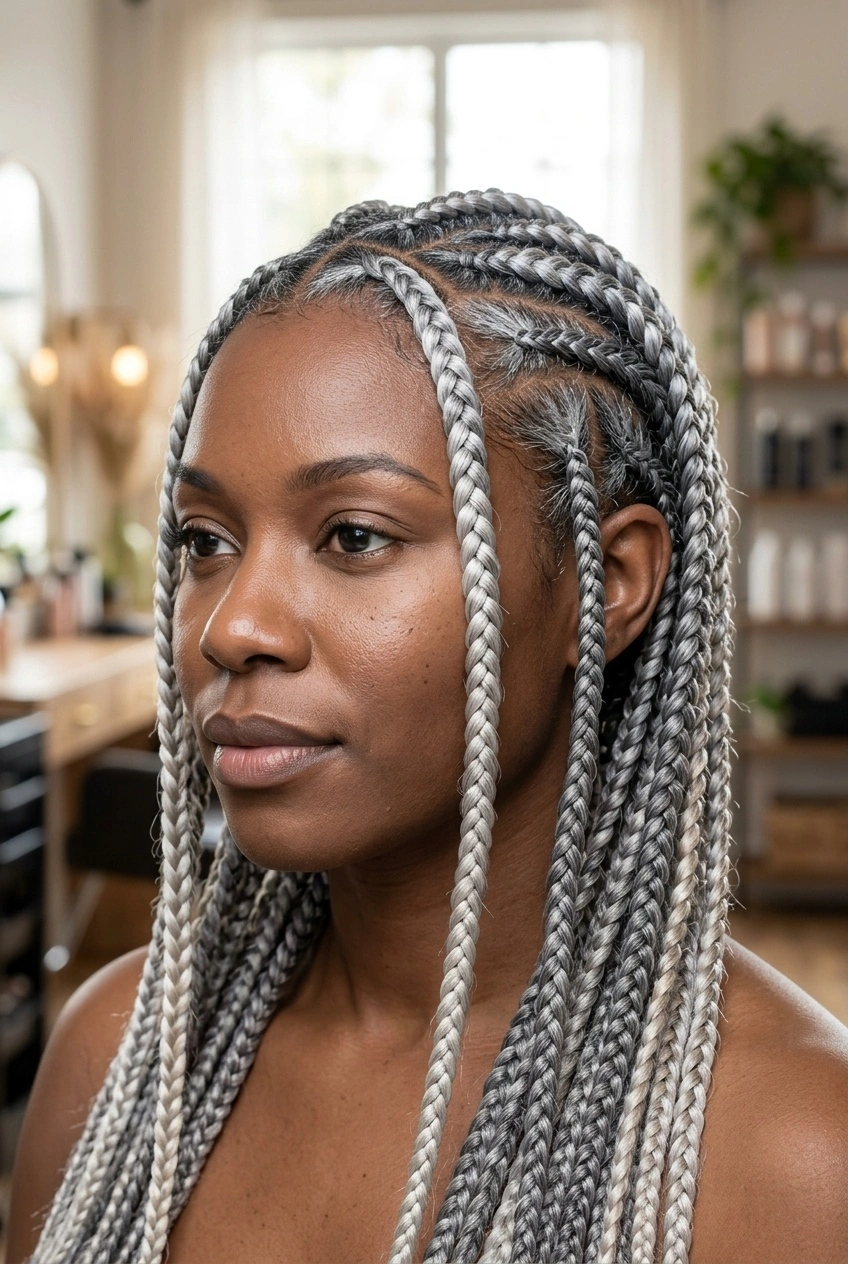 Close-up portrait showing multiple silver hair shades on a real person.