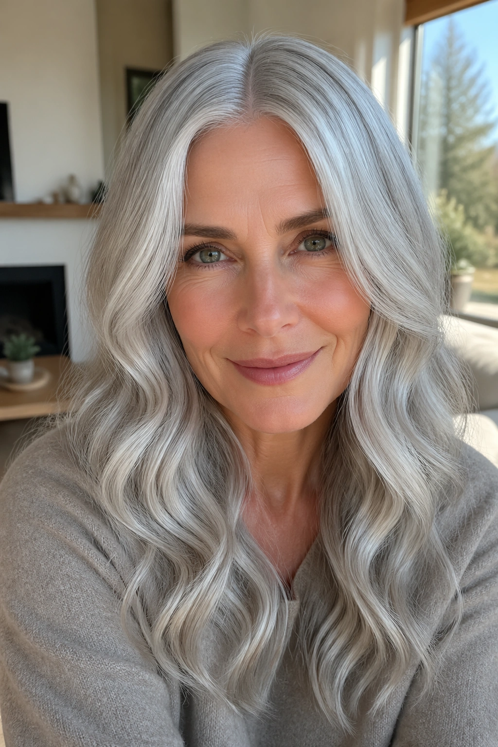 Close-up portrait of a real woman with silver waves and center part, warm window light.