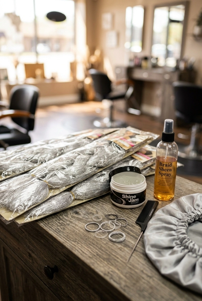 Close-up of tools and materials for a silver braid install arranged on a salon vanity.