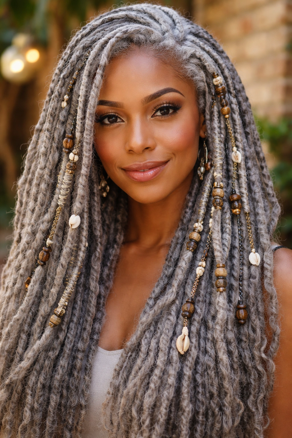Portrait of woman with silver locs and accessories