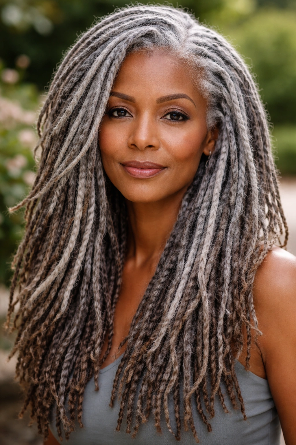 Portrait of a woman with long silver locs in natural light