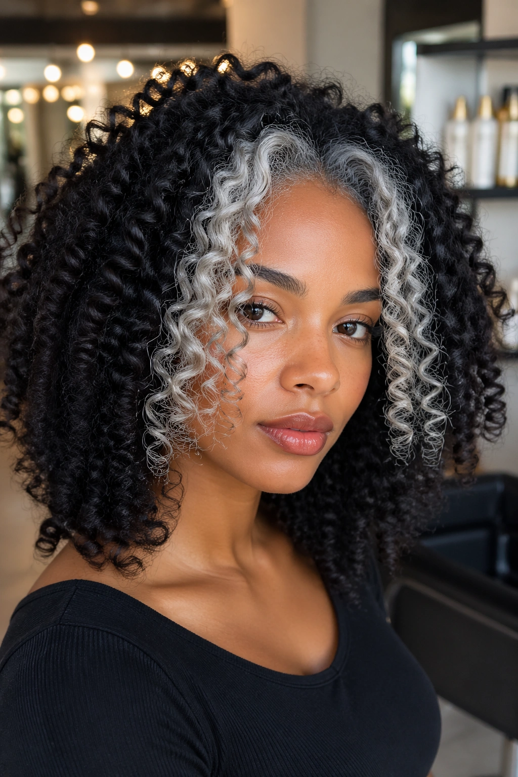 Close-up of natural hair with a silver money piece at the front