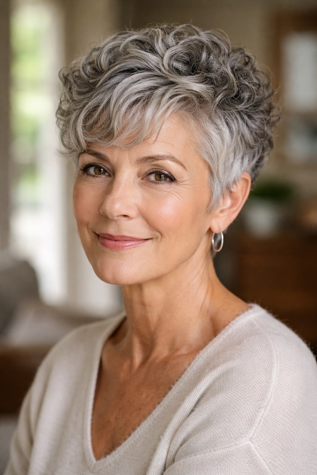 Close-up portrait of a real woman with silver pixie curls in natural window light