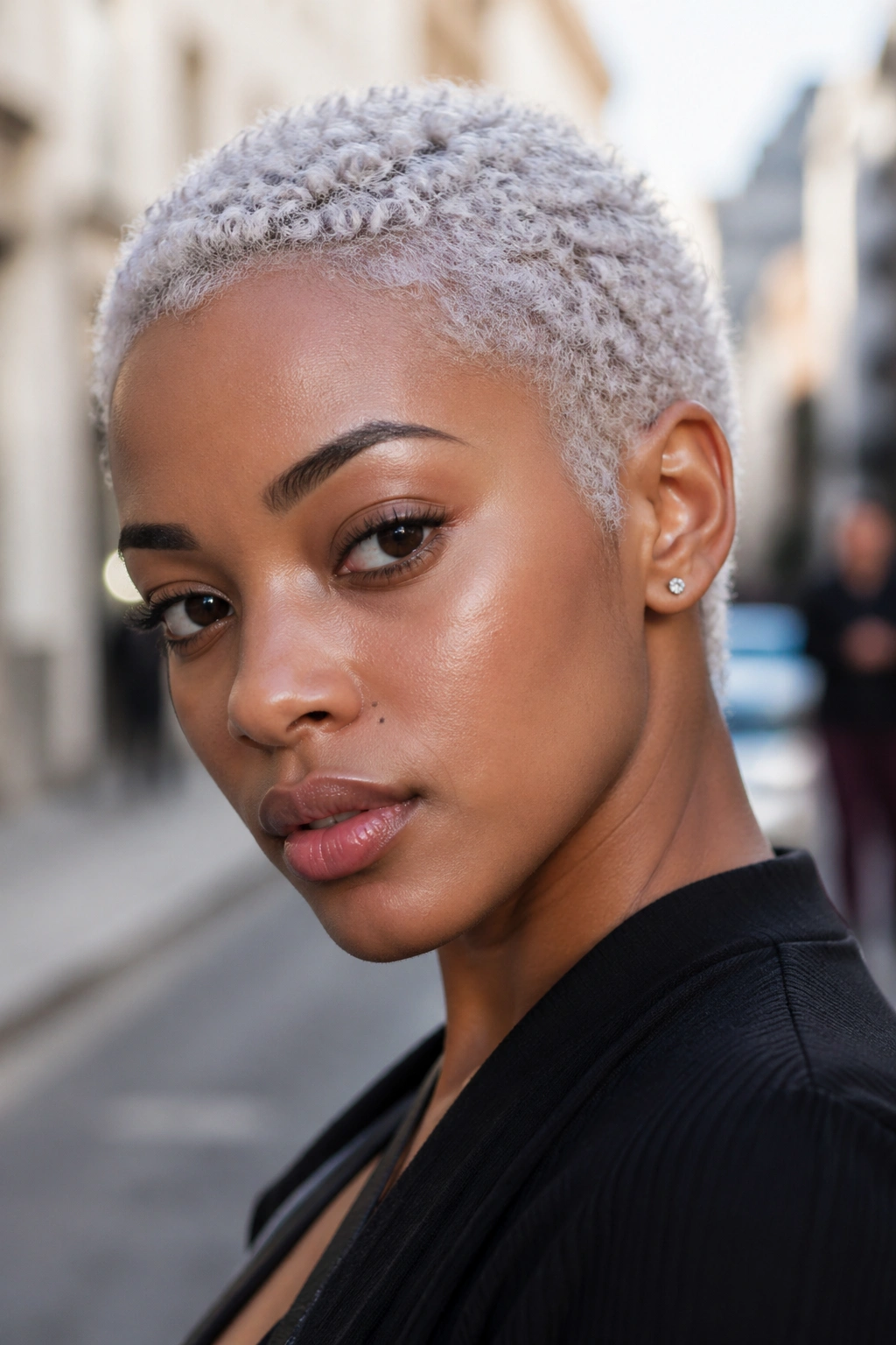 Close-up of a real person with silver-toned bleached TWA