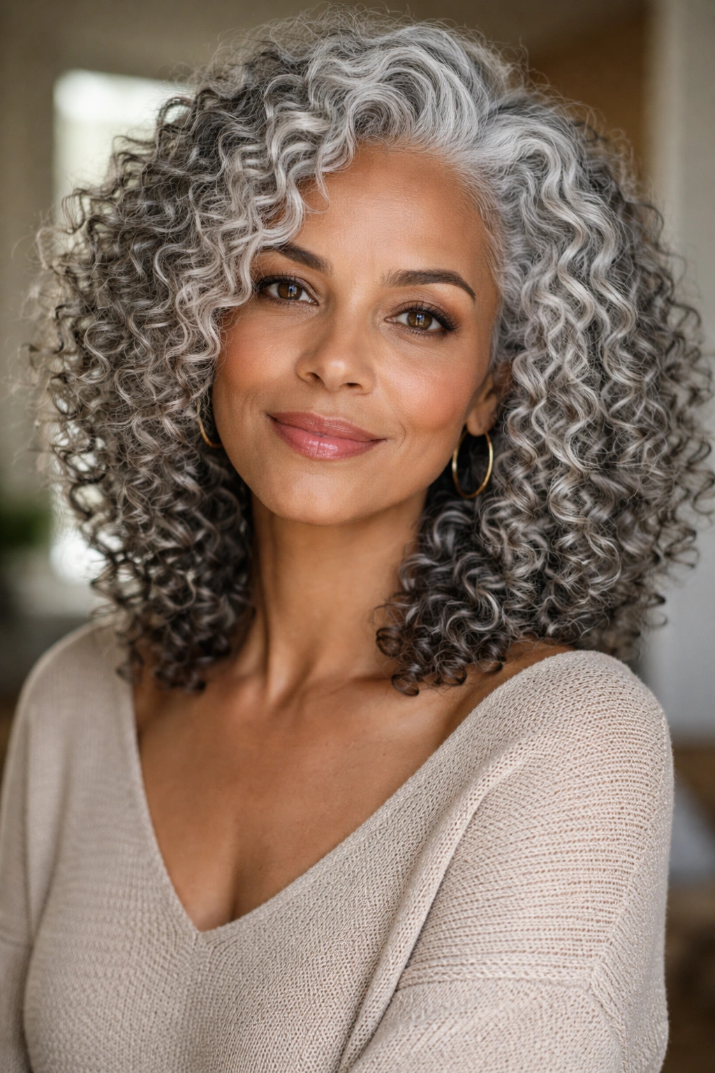 Close-up of a woman with silver-white curls in a wash-and-go style