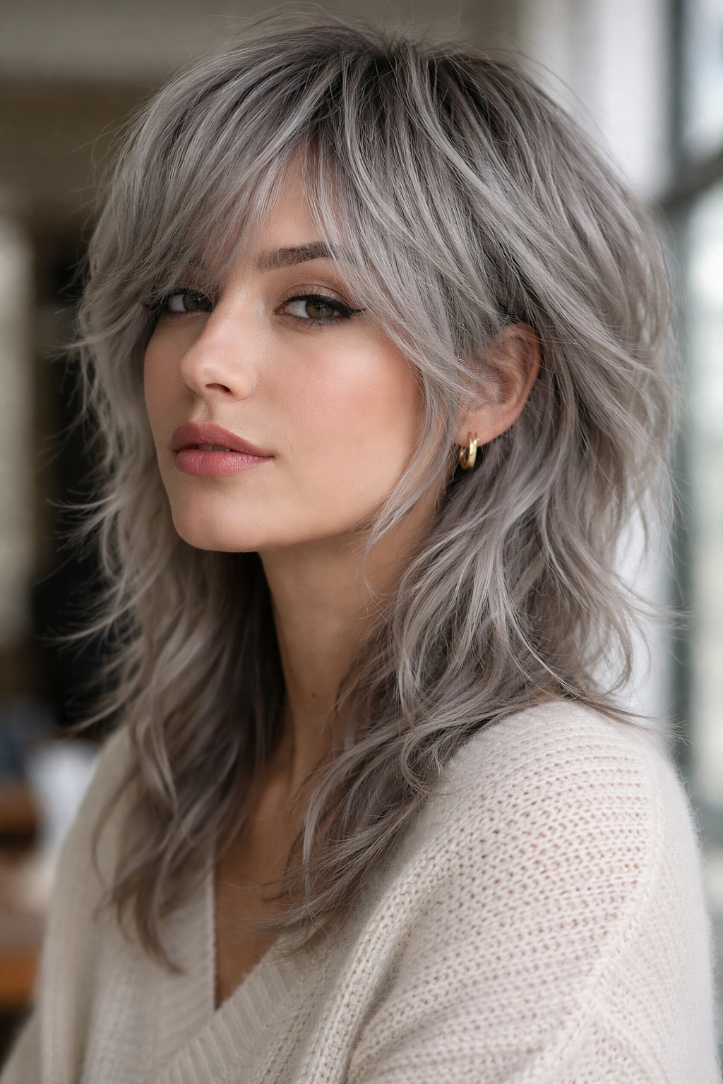 Close-up of a real person with silver wolf cut and soft texture in window light