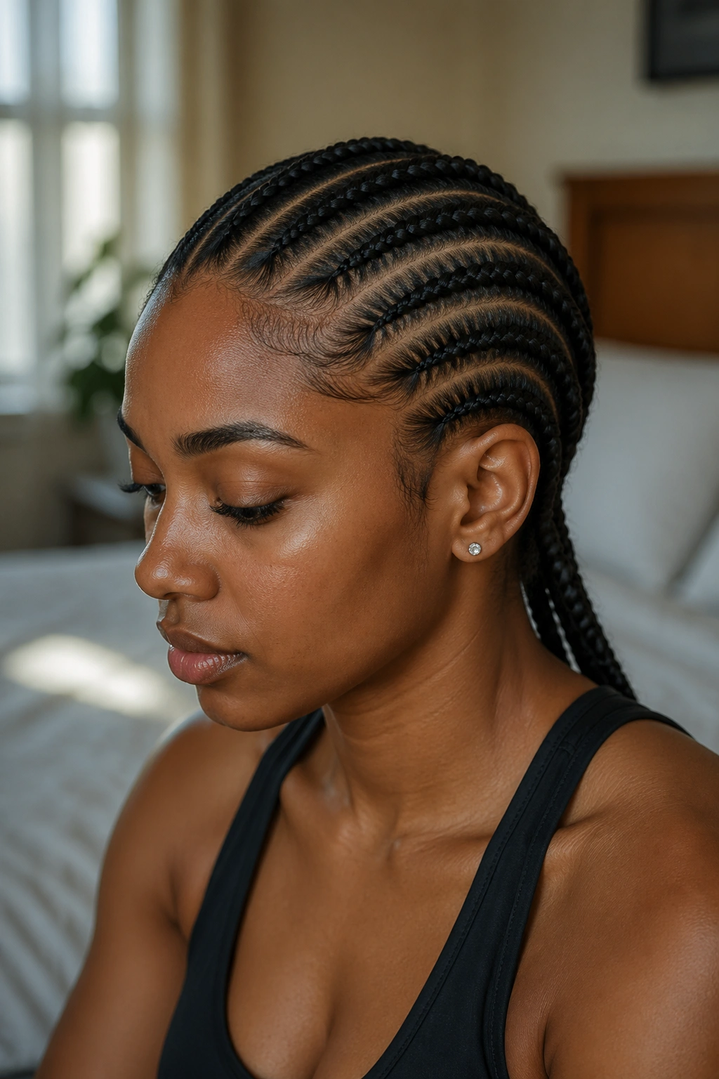 Close-up of a real person with clean cornrow parts and even tension