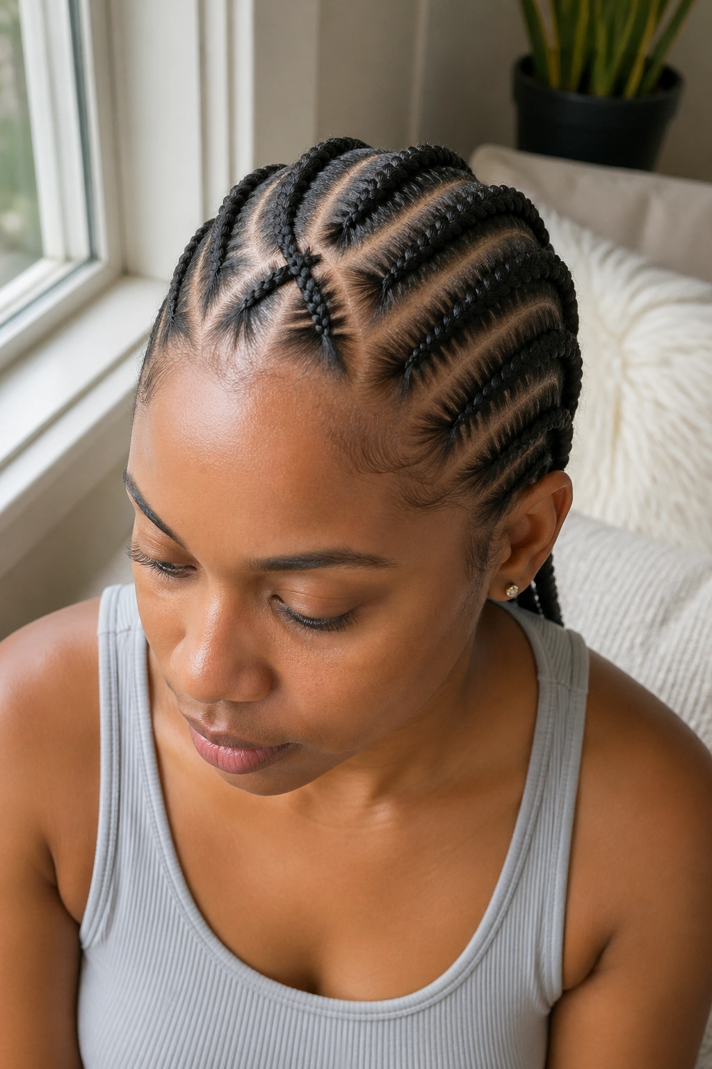 Close-up of a real woman with a single criss-cross in cornrows near the crown
