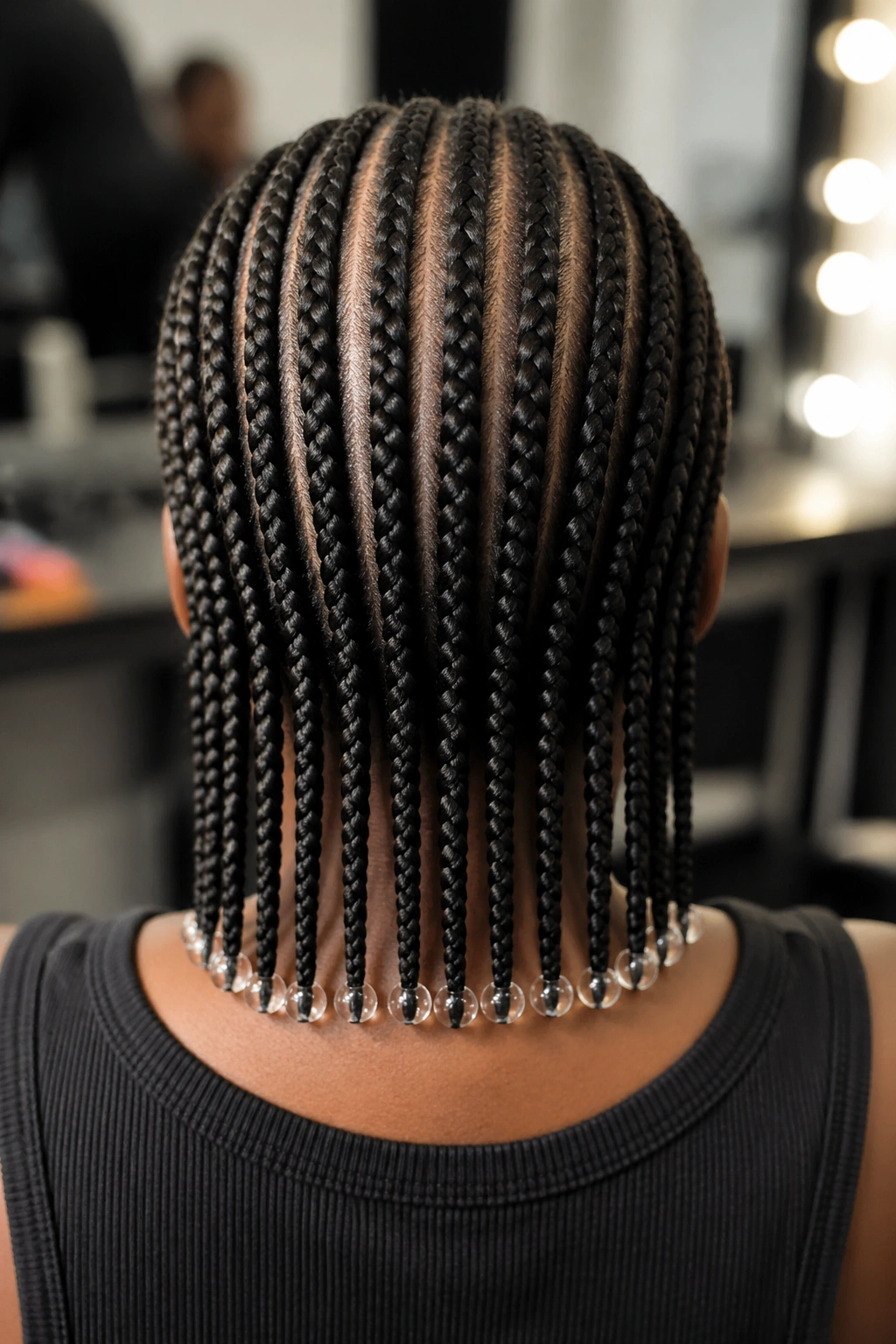 Back of head with each cornrow ending in a single bead.