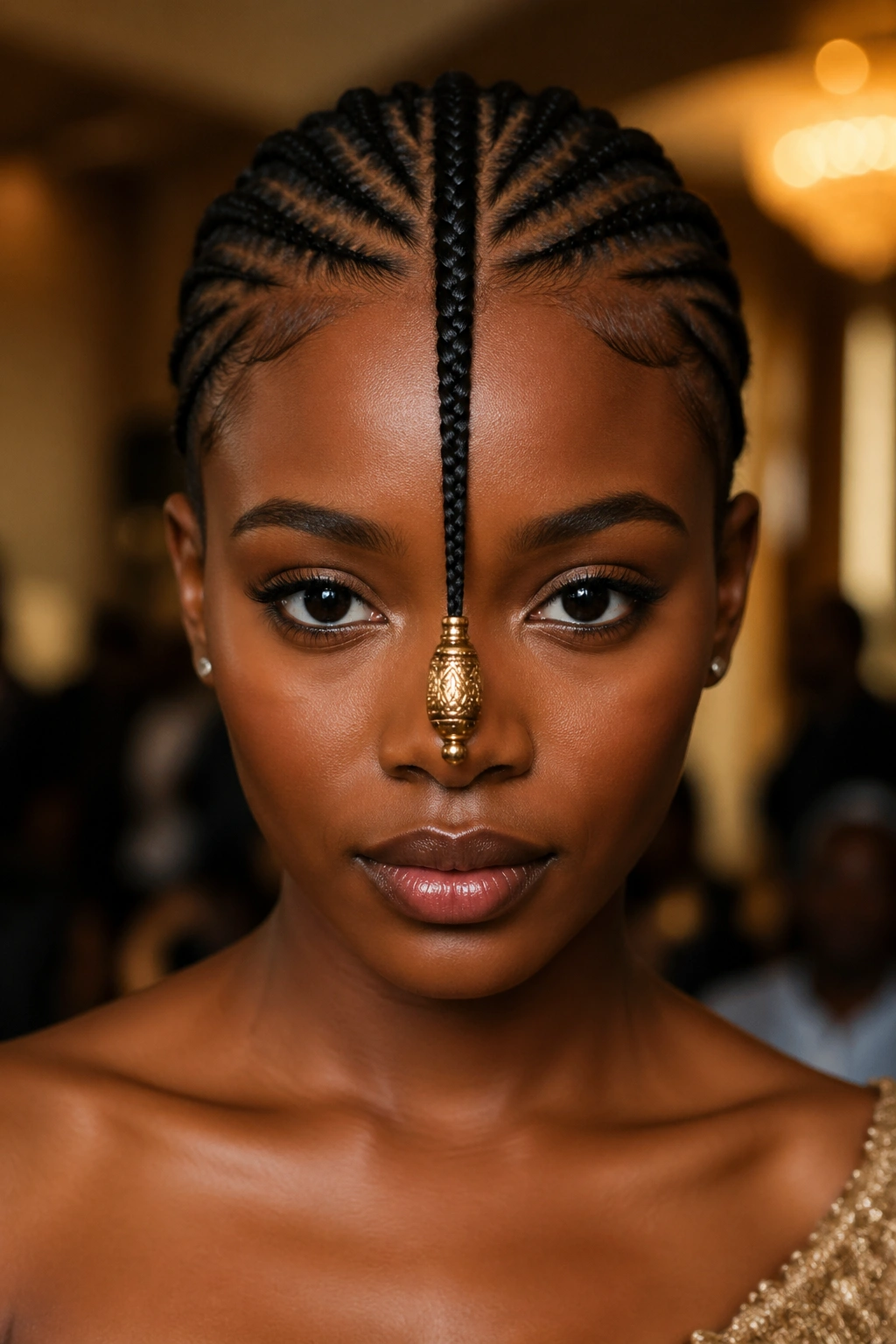 Front view of central Fulani braid with a single large bead