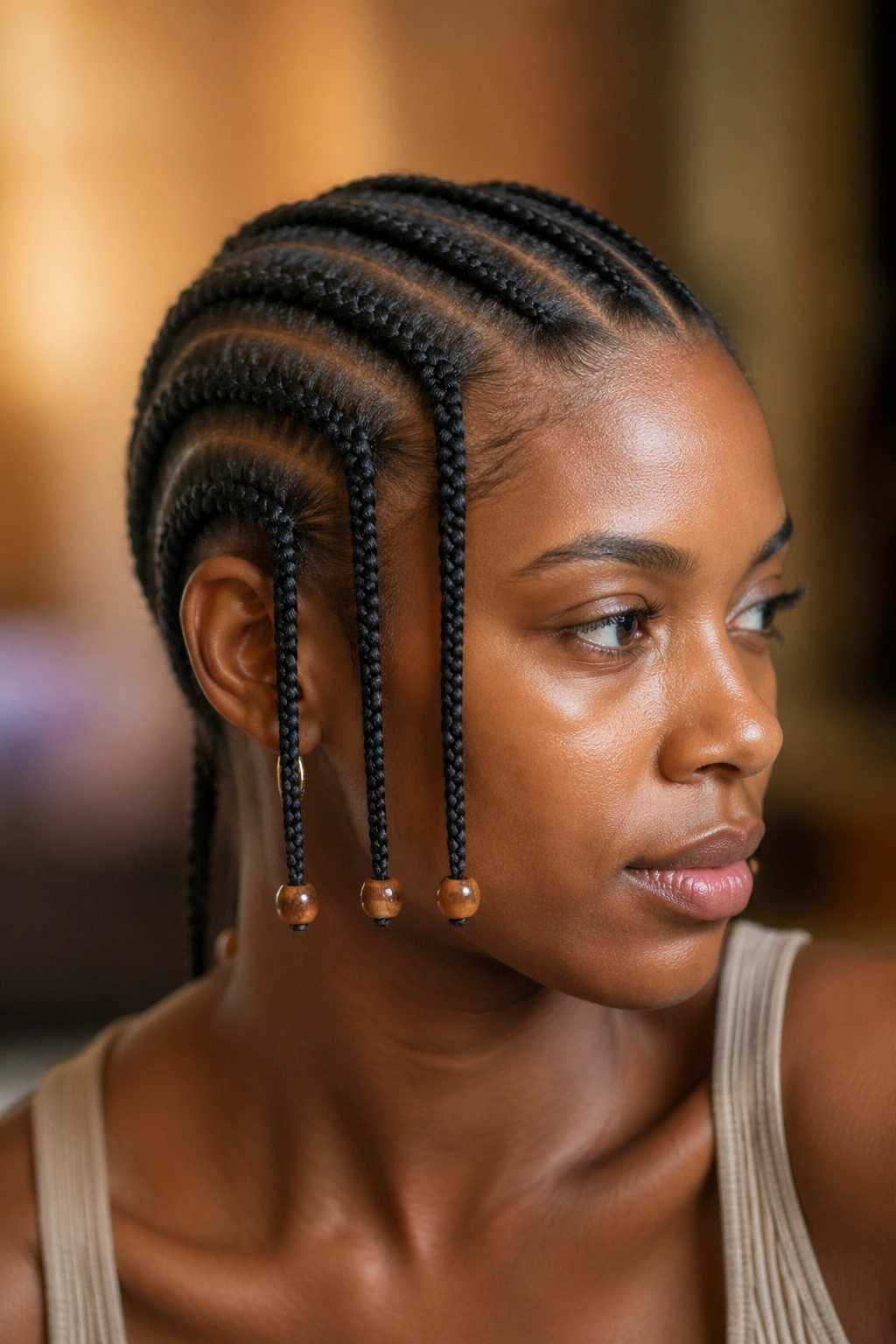 Real person with five braids, each finished with a single bead
