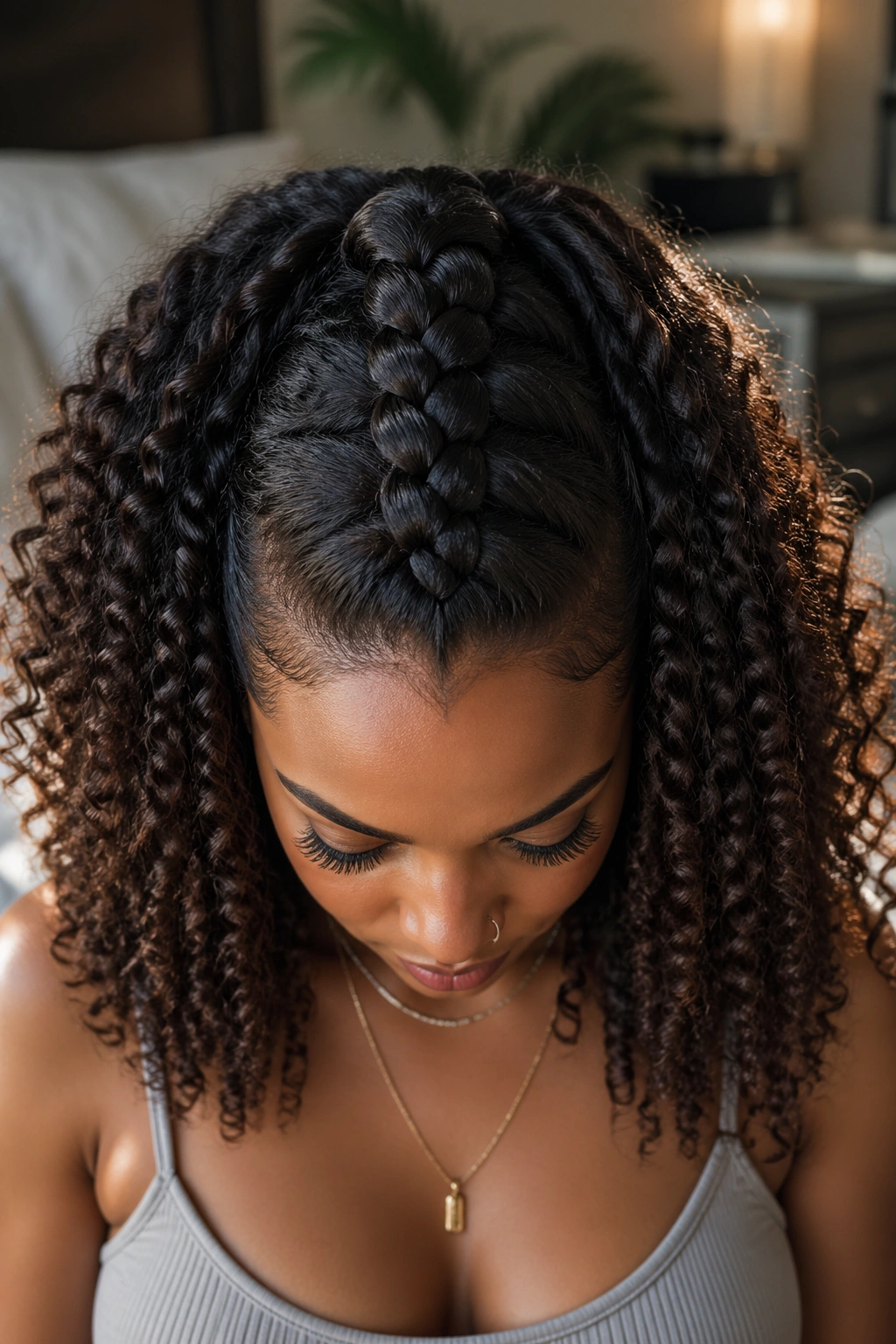 Close-up of a real woman with a single large Dutch braid and surrounding natural curls