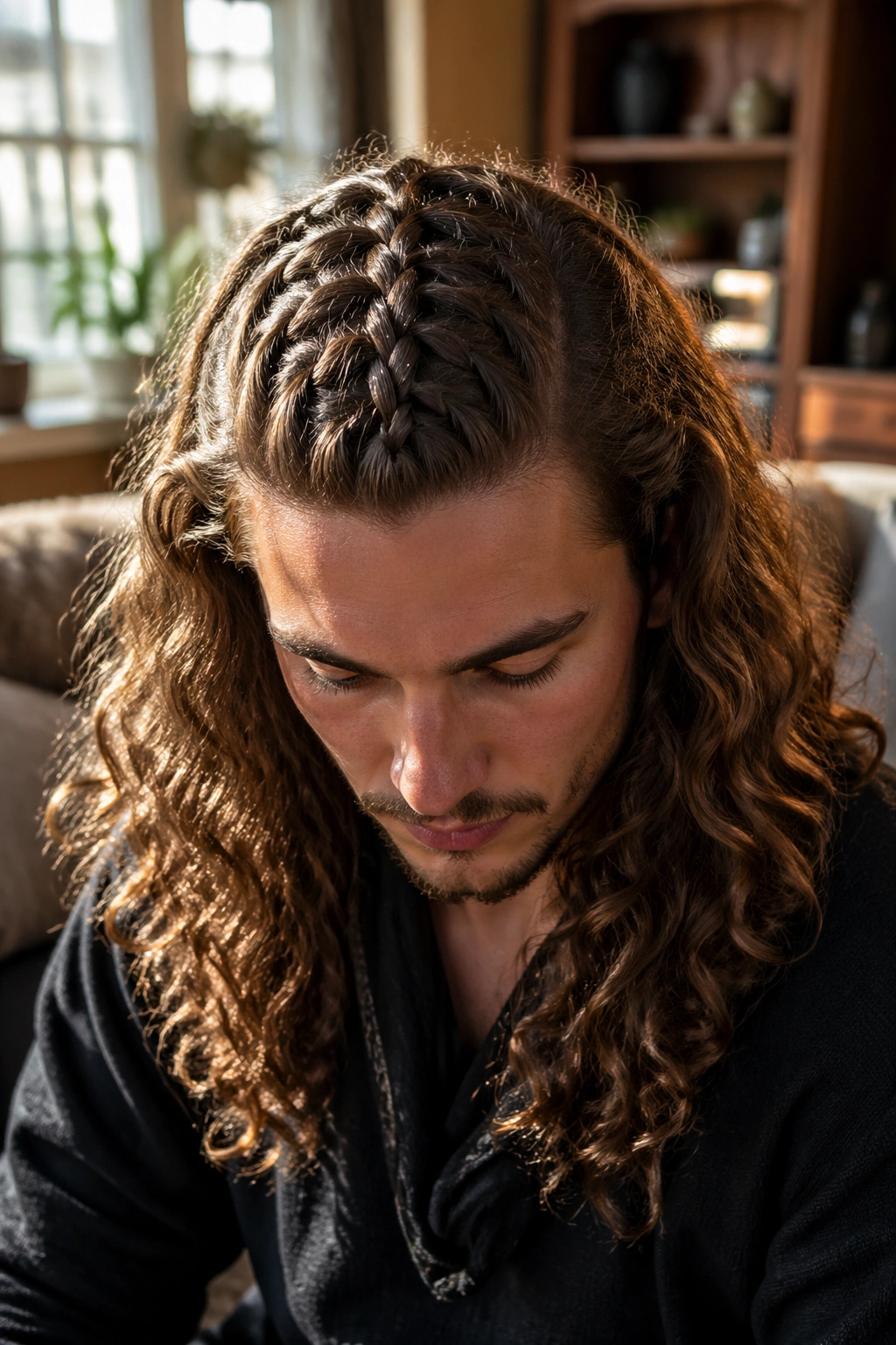 Close-up portrait of a real person with a single center braid and loose curly length.