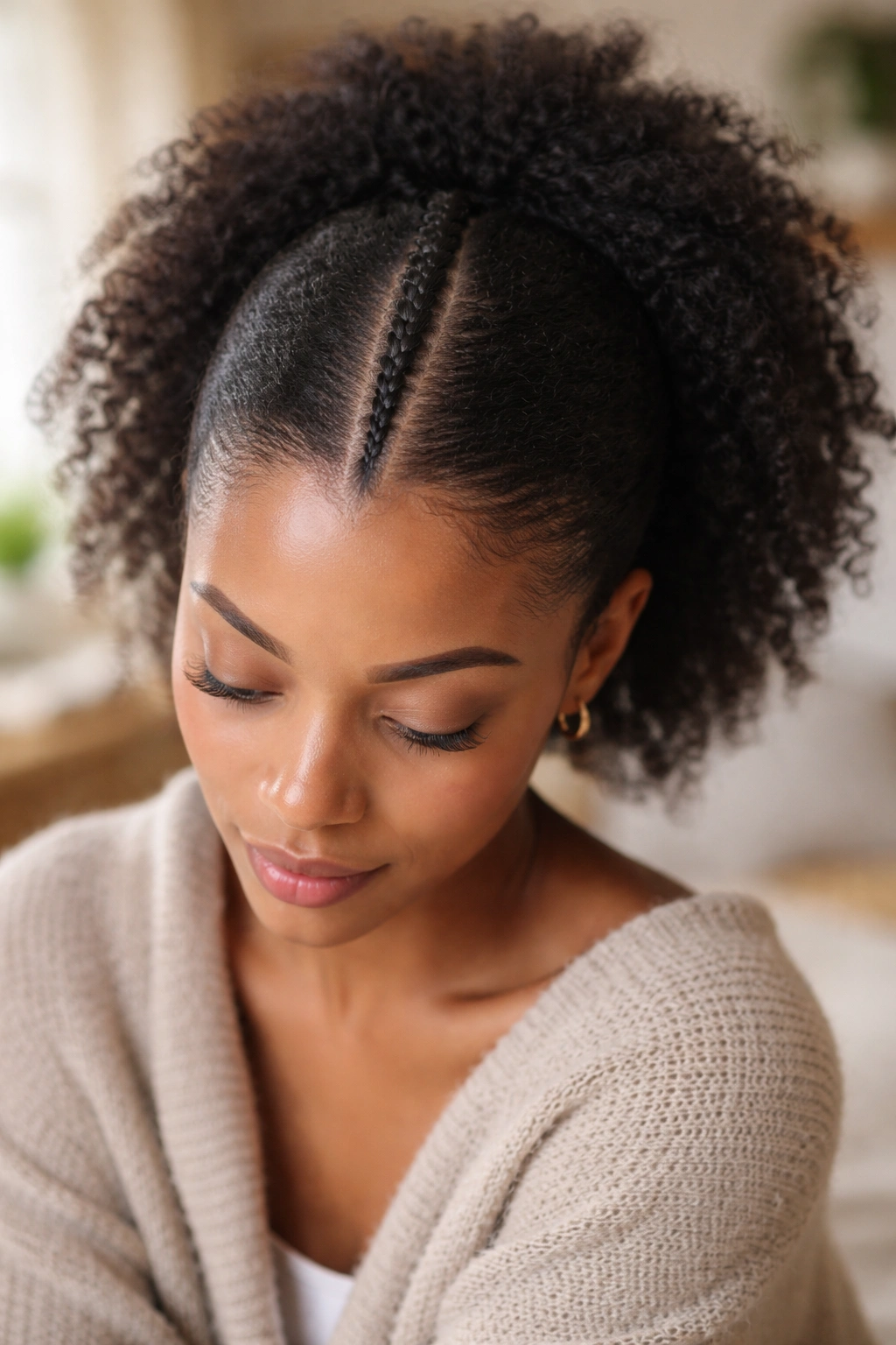 Close-up of a real person with a single central cornrow down the center.