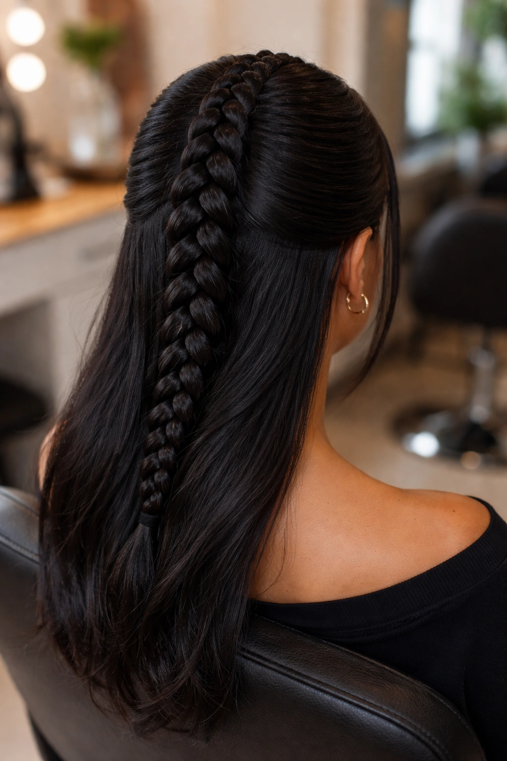 Back view close-up of a real person with a single chunky cornrow down the center