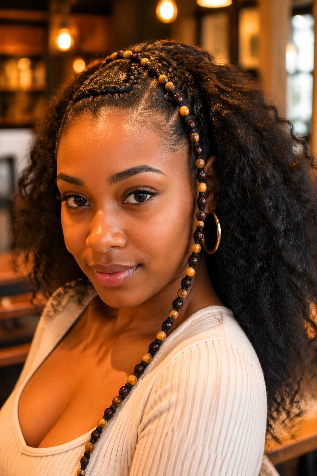 Close-up of a single long bead-adorned cornrow on a real person