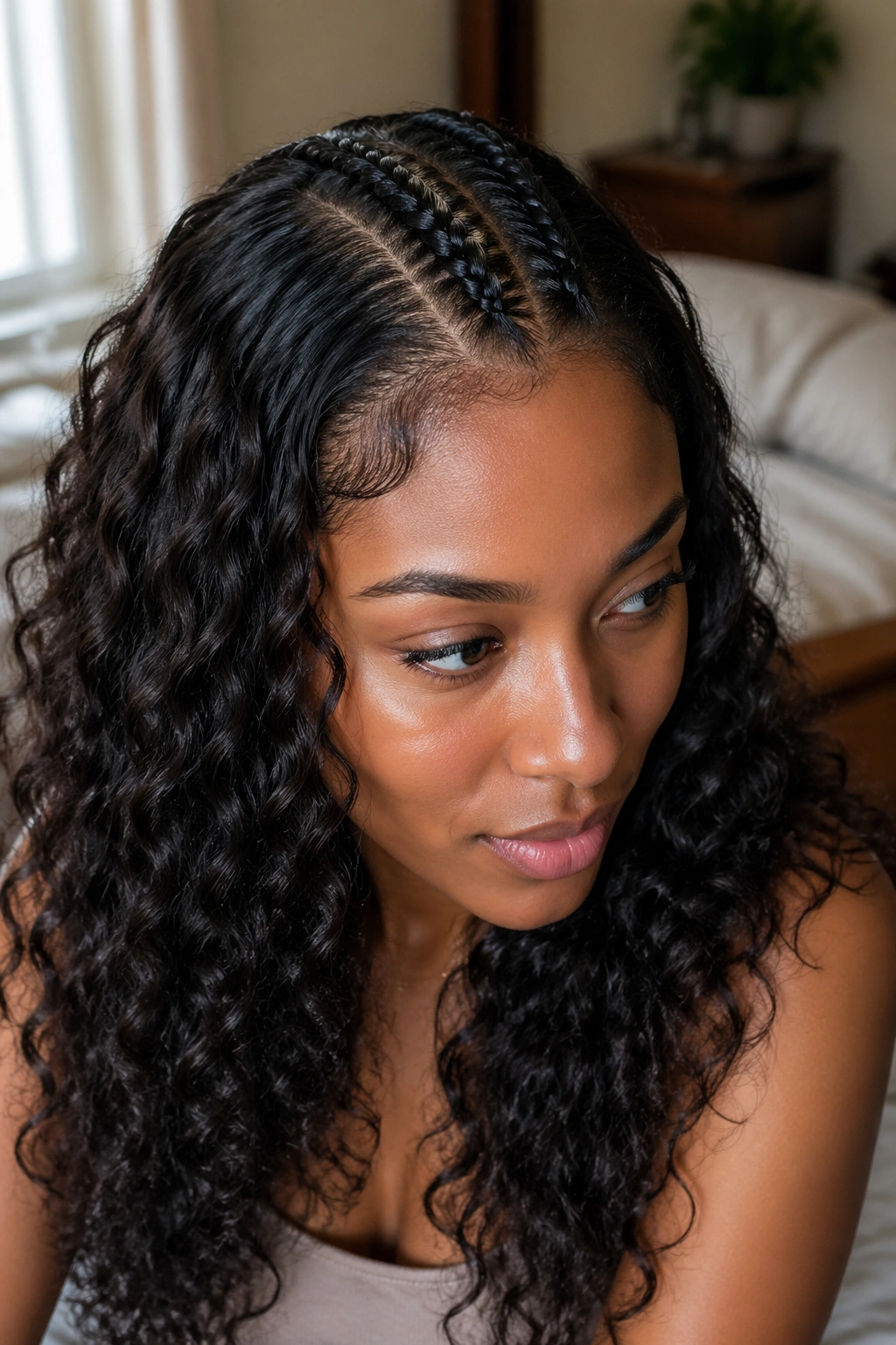 Close-up of a single large cornrow with loose curls around the face
