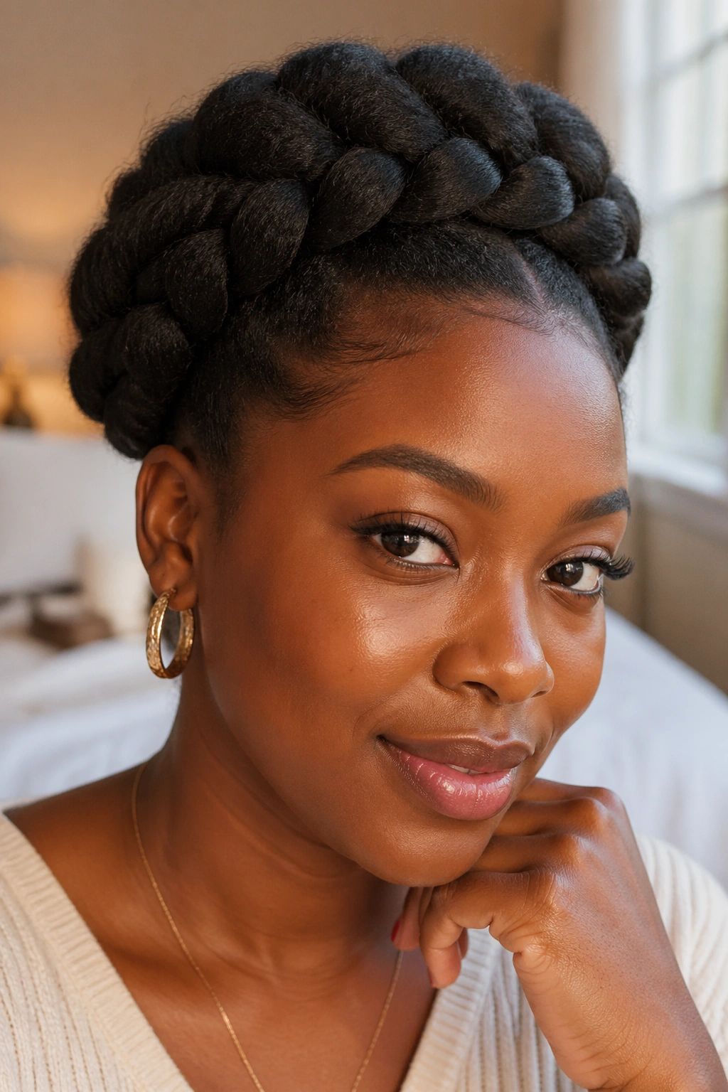 Close-up of a real woman wearing a single large crown braid around her head.