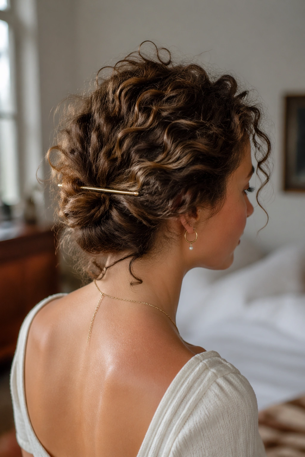 Close-up portrait of a real woman with a loose twist at the nape secured by a French pin