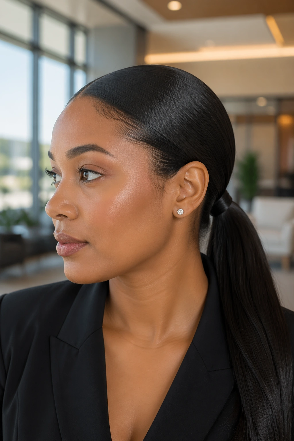 Real woman with a single-wrap elastic ponytail in an office lobby