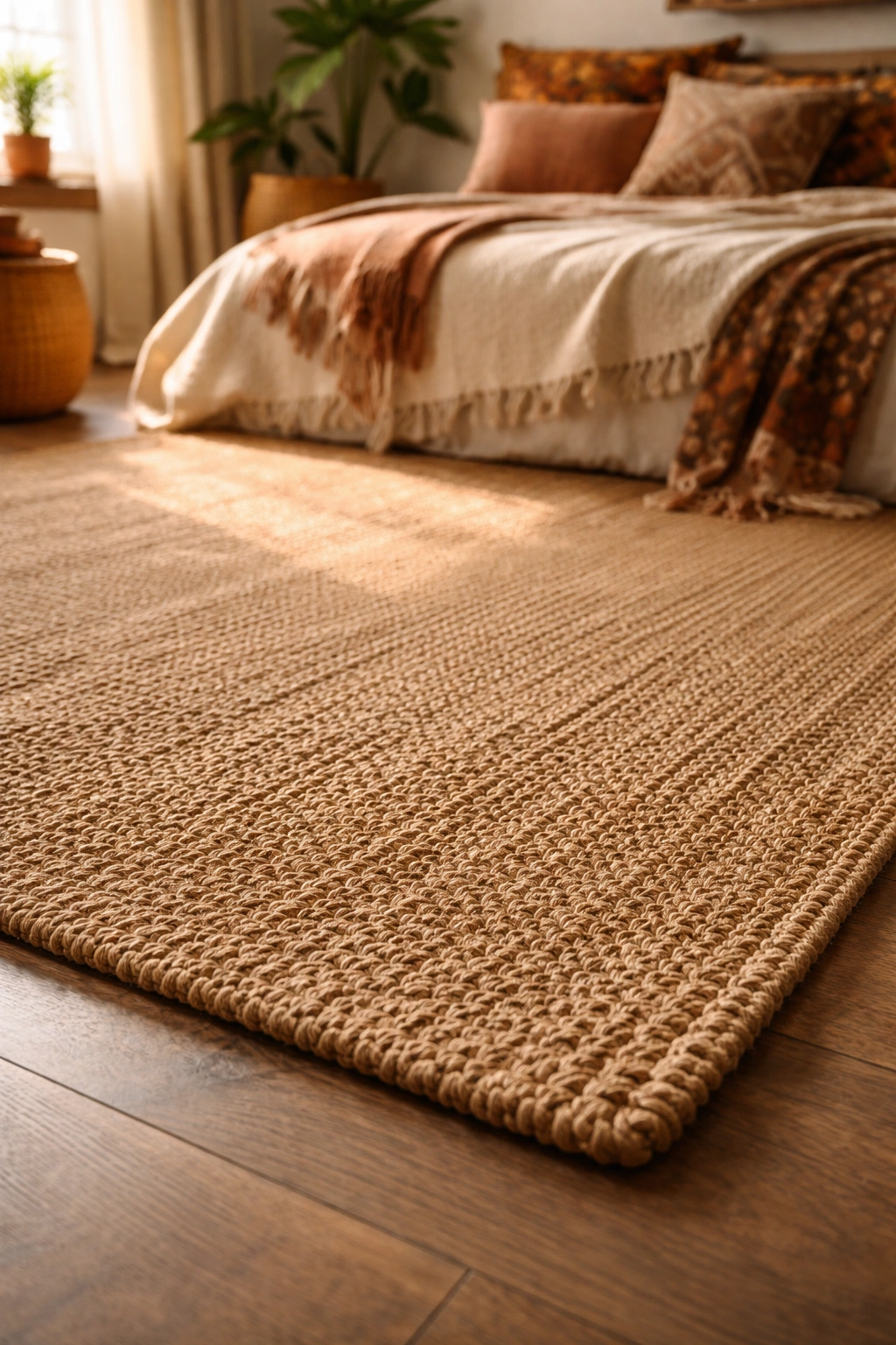 Natural fiber sisal rug on a bedroom floor in warm light