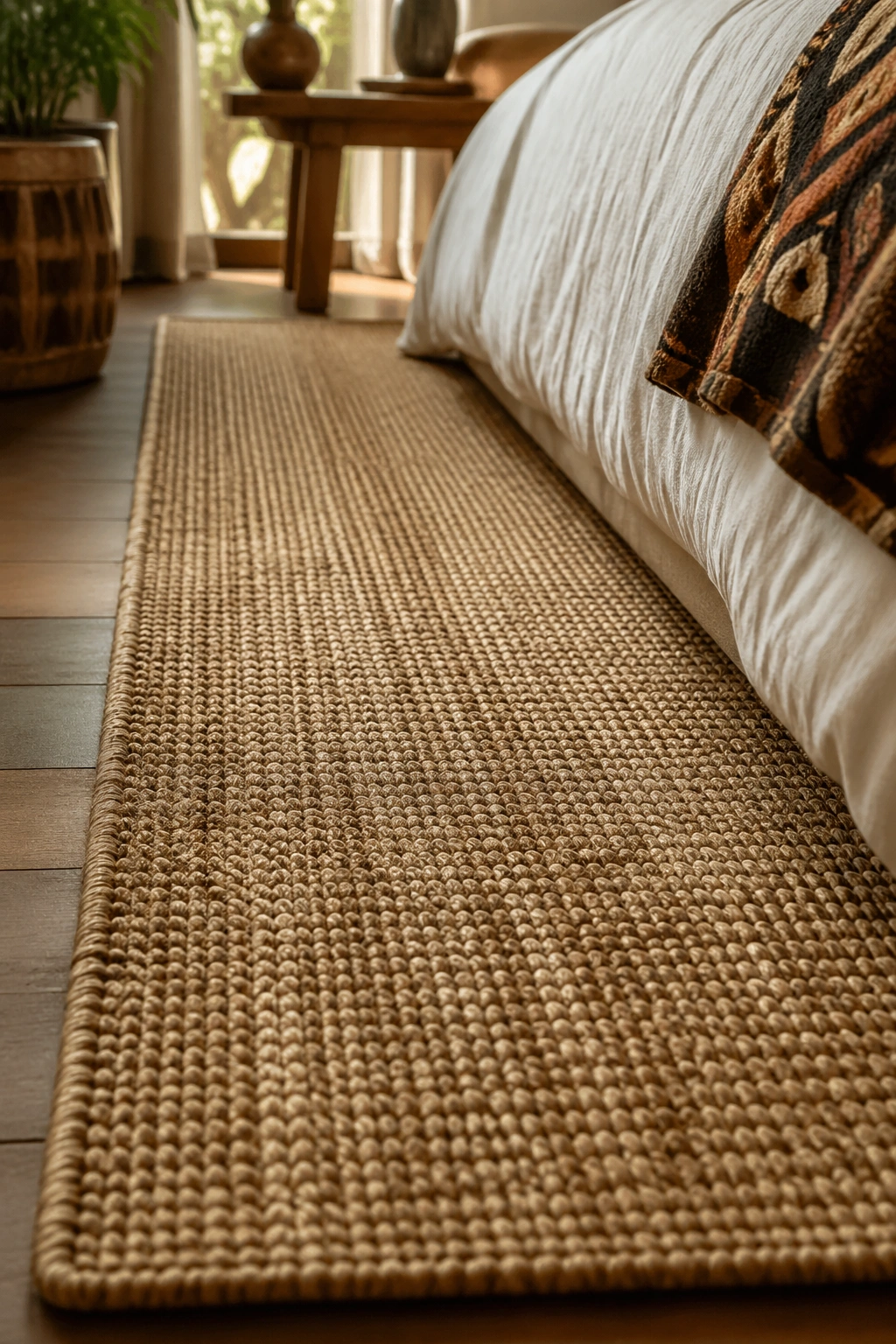 Close-up of a sisal runner in a cozy Afro chic bedroom.