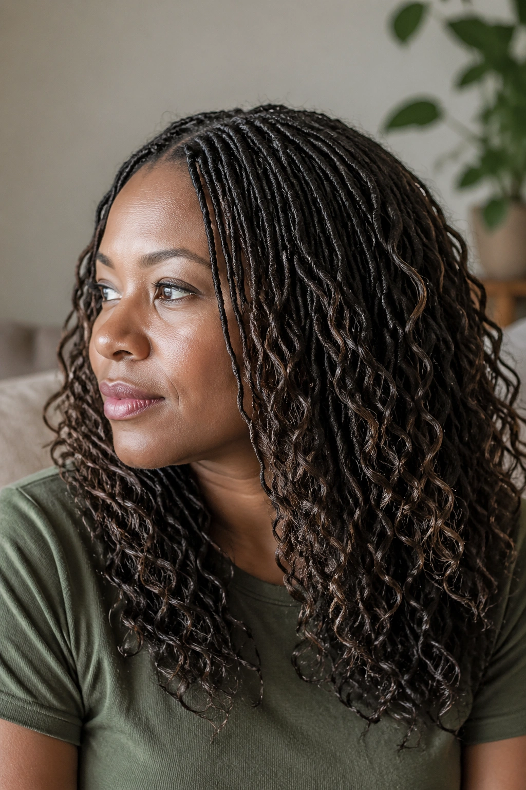 Close-up of a real woman with sisterlocks and delicate boho curls forming halos.