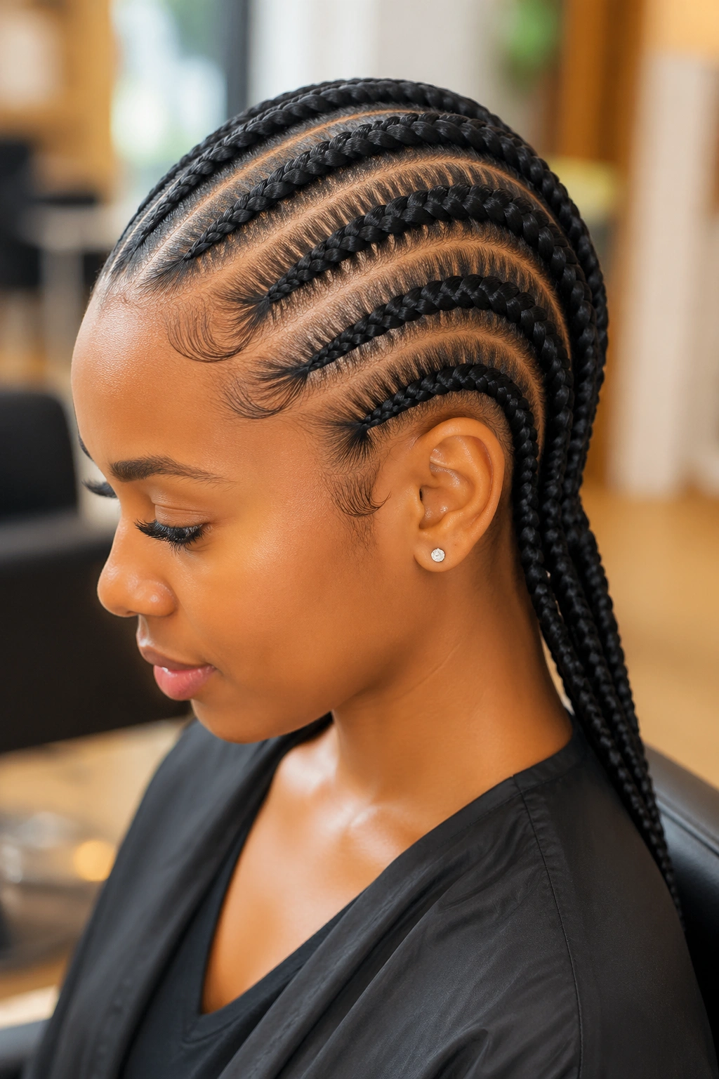Real person with six parallel feed-in cornrows from forehead to nape