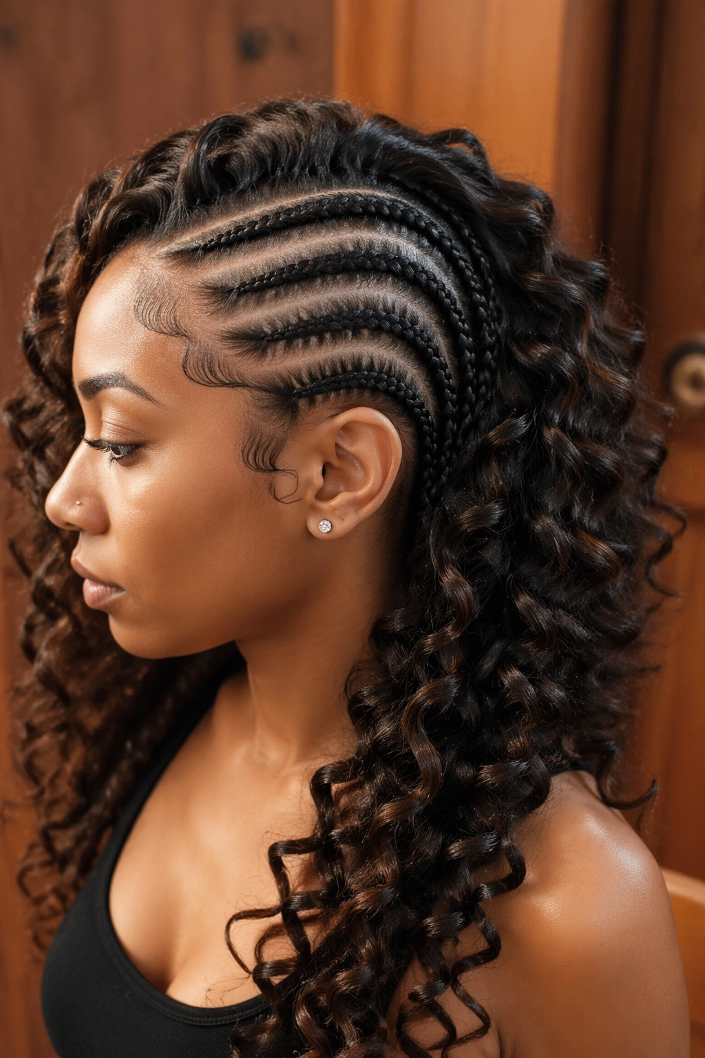 Portrait of a real woman with six cornrows on one side and wand curls on the other.