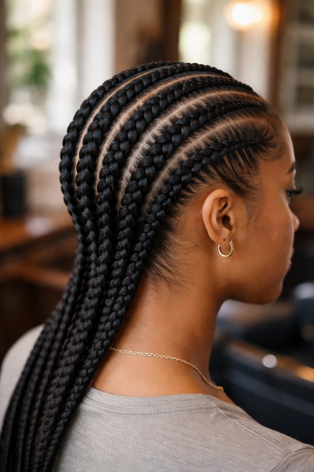 Close-up of six cornrow braids on a real woman in a salon