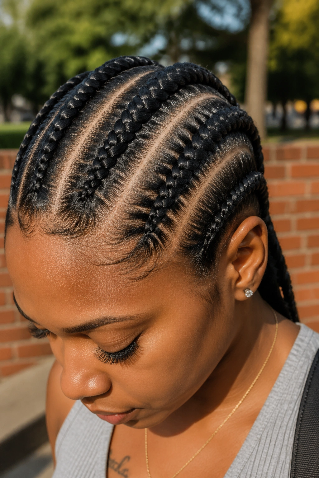 Six cornrows with alternating tightness on real person in outdoor setting