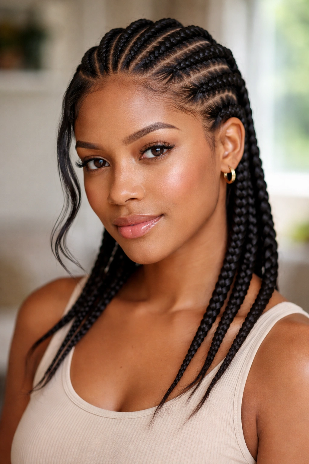 Close-up of six cornrows with a deep off-center part on a real person