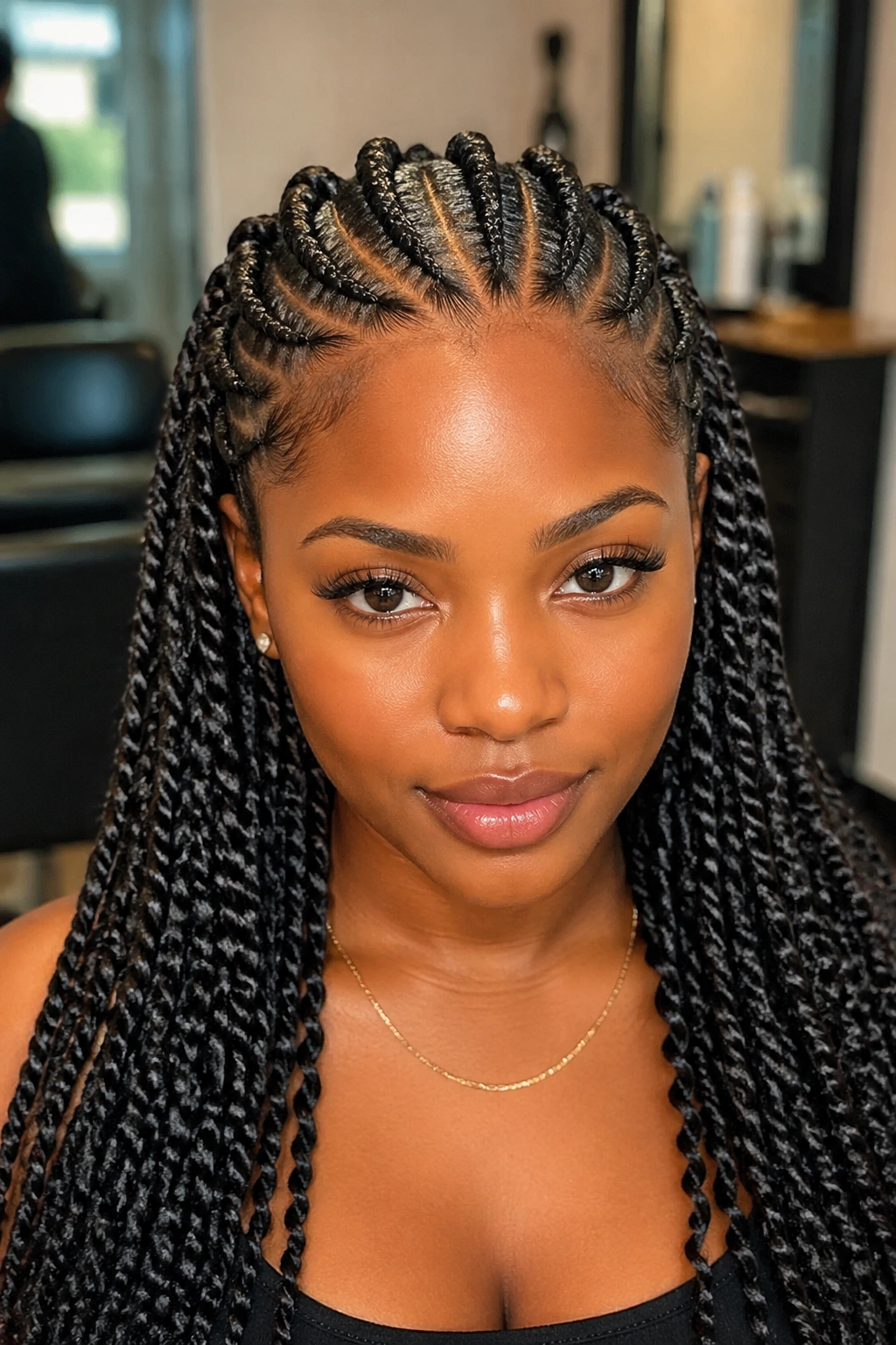 Real person with six cornrows transitioning into Senegalese twists