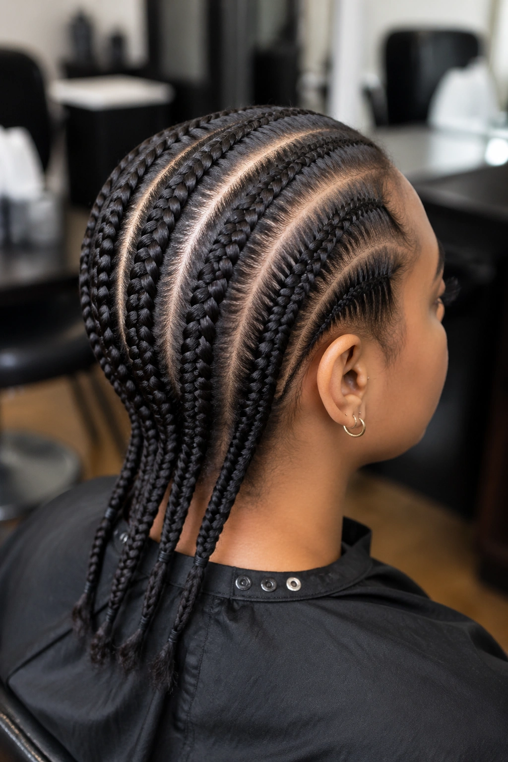 Back/right-side view of six straight-back fishtail cornrows on a real person's head