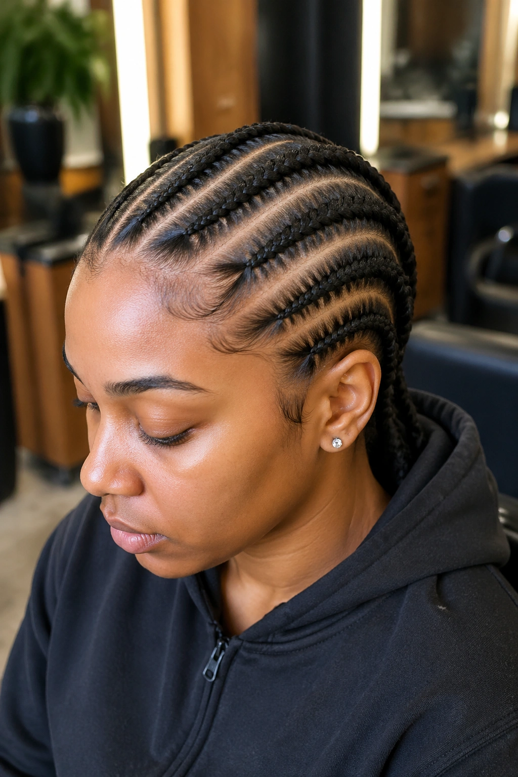 Close-up portrait of a real woman with six all-back French cornrows from hairline to nape.