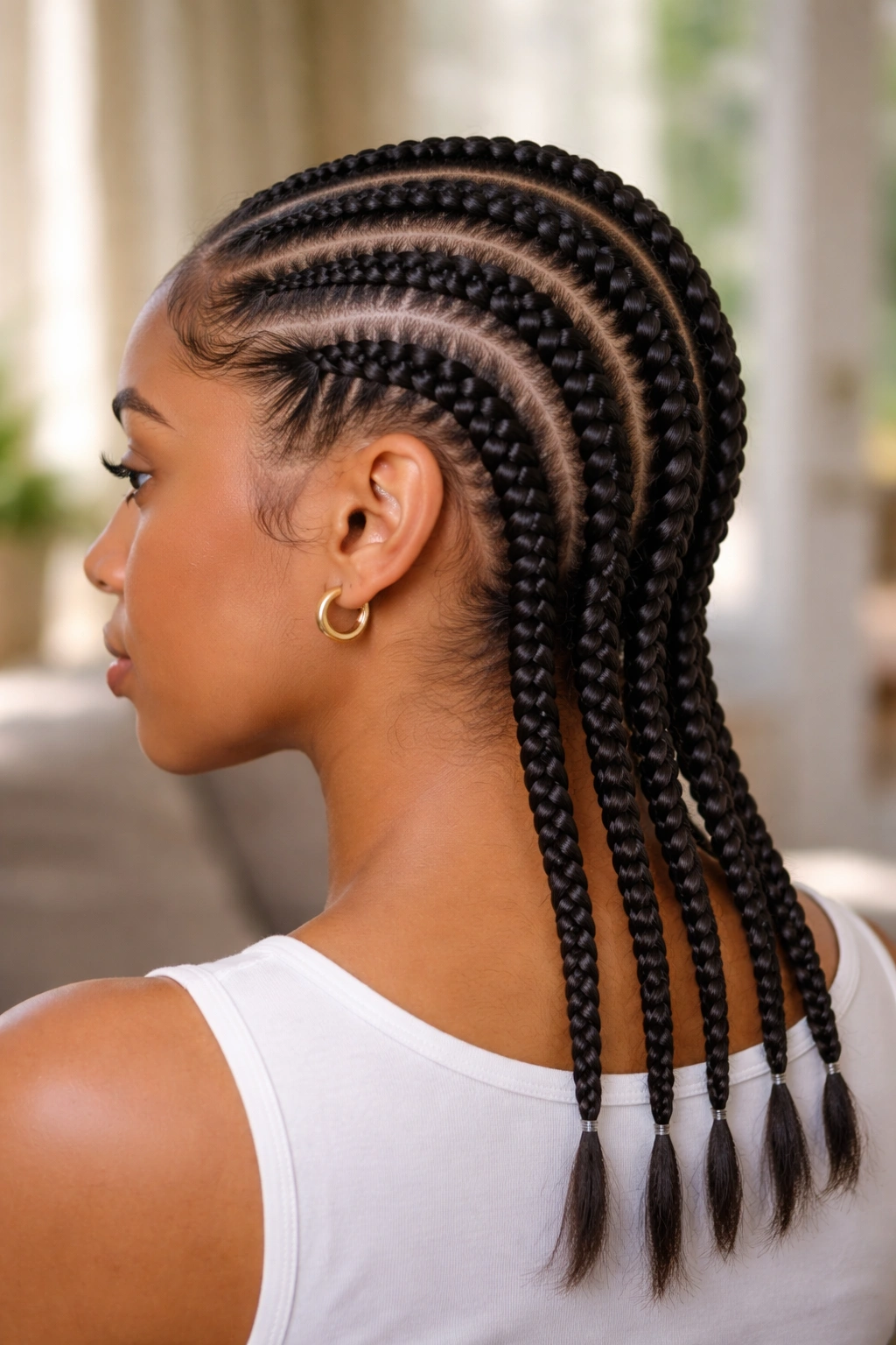 Close-up of a real person with six medium straight-back cornrows.