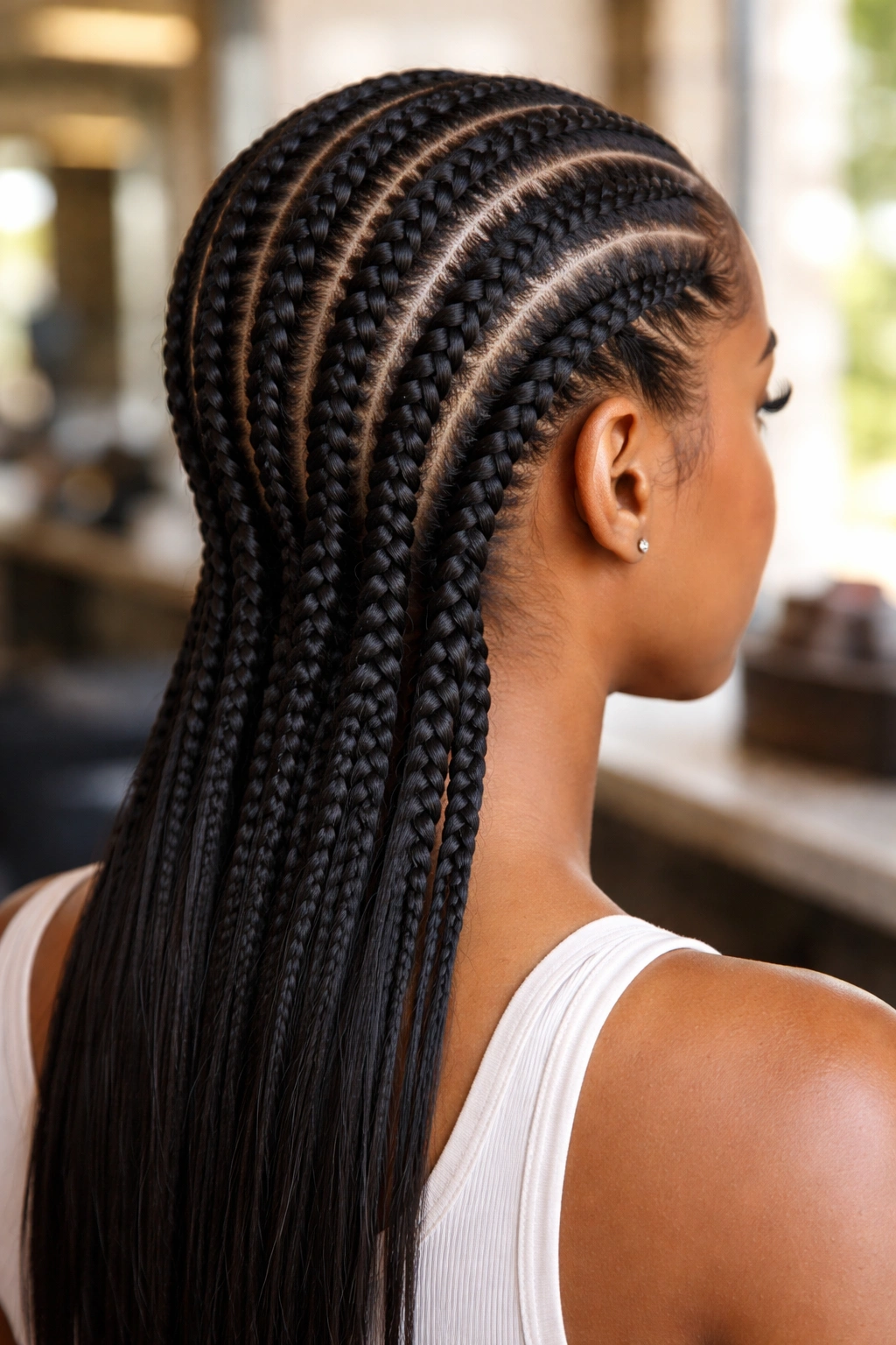 Back view of a real woman showing six straight stitch cornrows from hairline to nape.