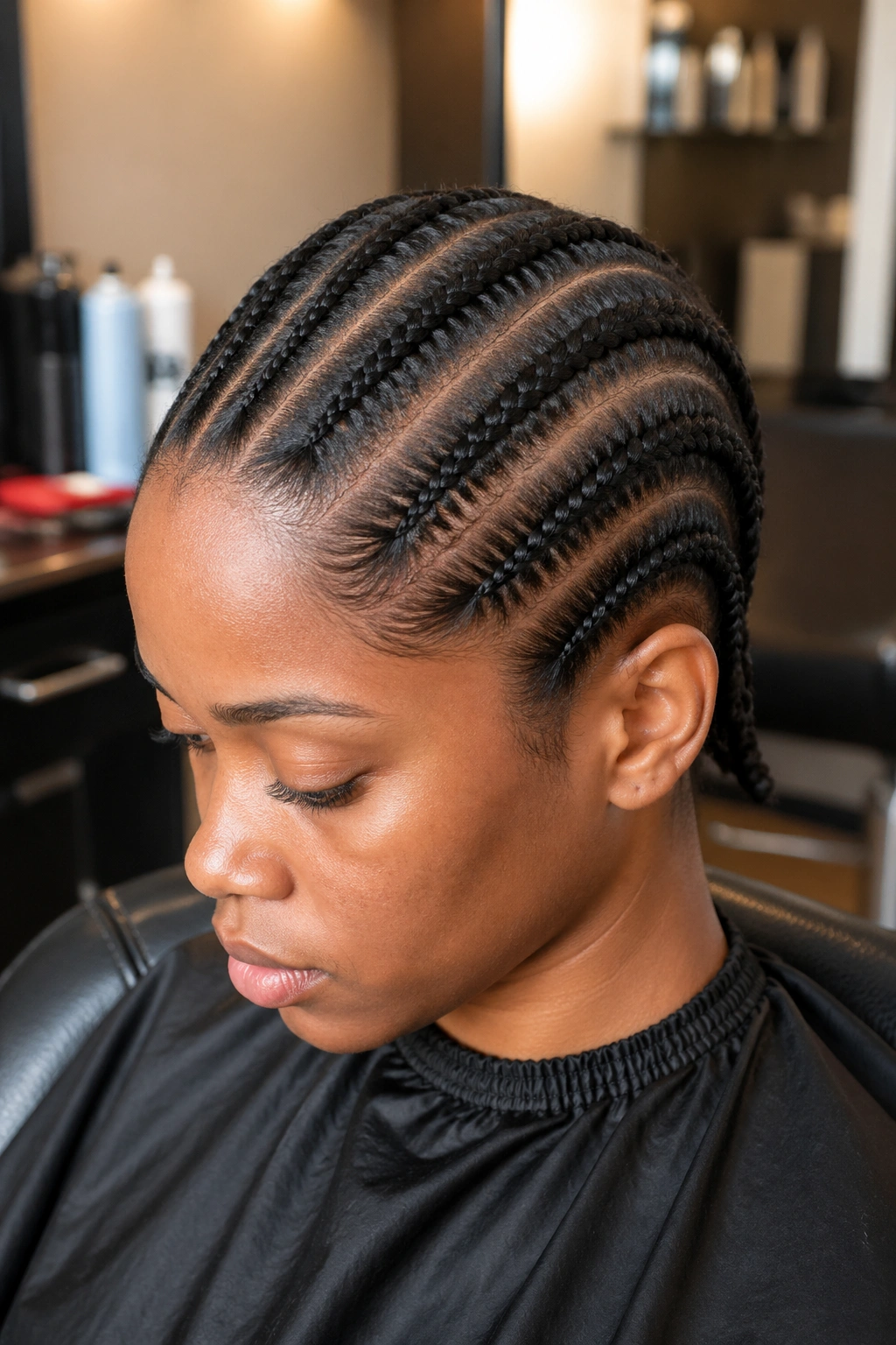 Real person with six straight-back cornrows, no extensions, natural hair visible.