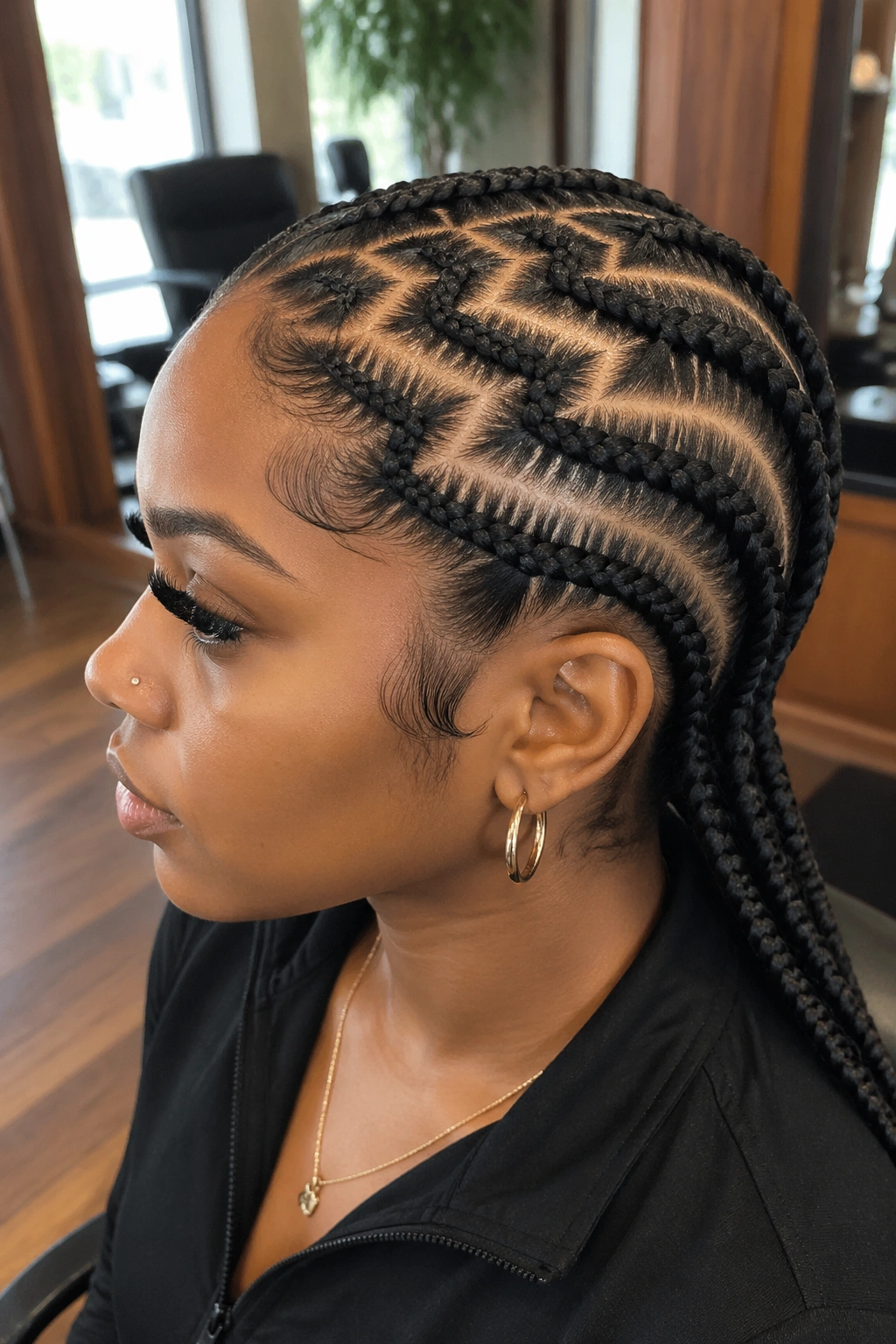 Side-profile of a real person displaying six zigzag cornrow rows