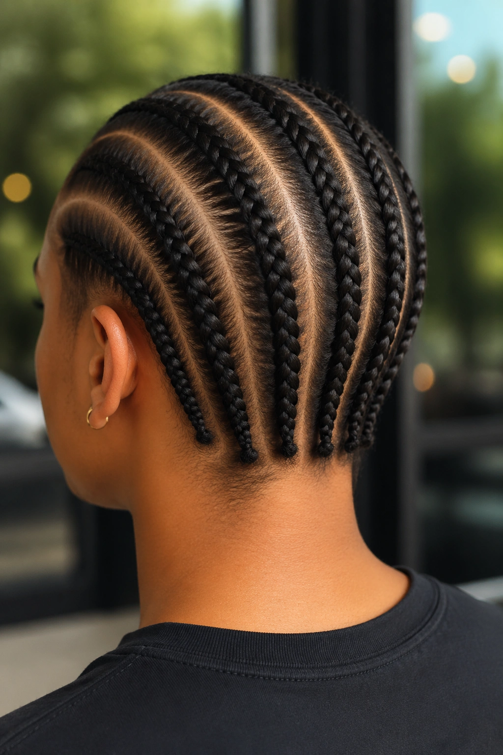 Back view of a person with six straight back cornrows