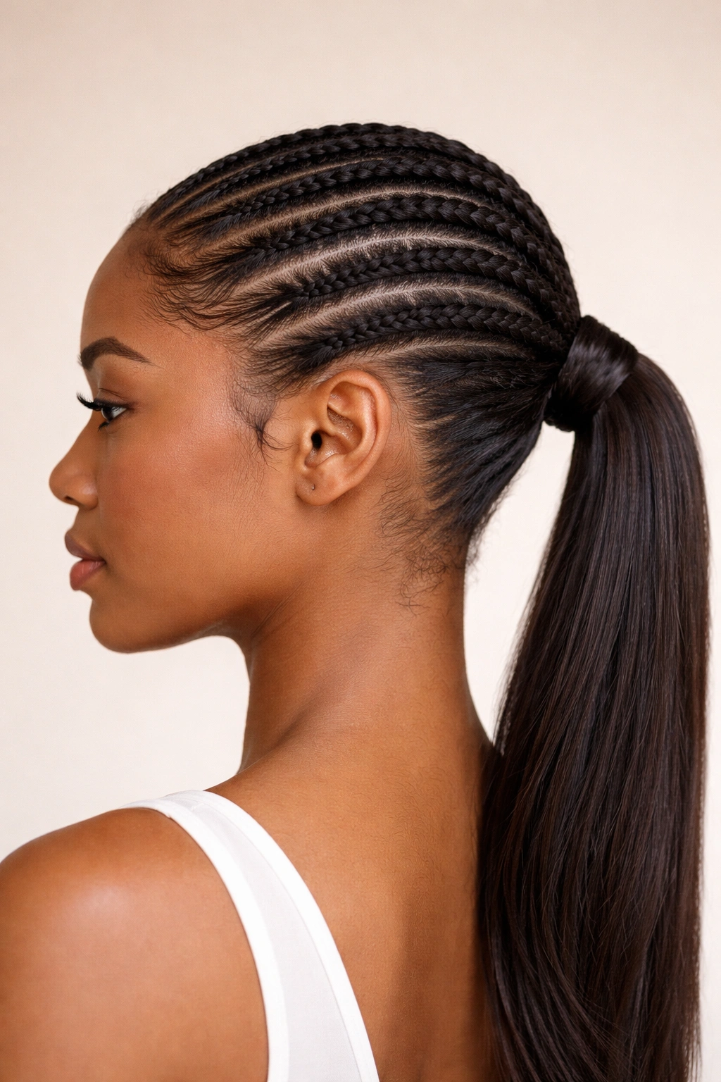 Close-up of a low ponytail with six slanted cornrows and wrapped base
