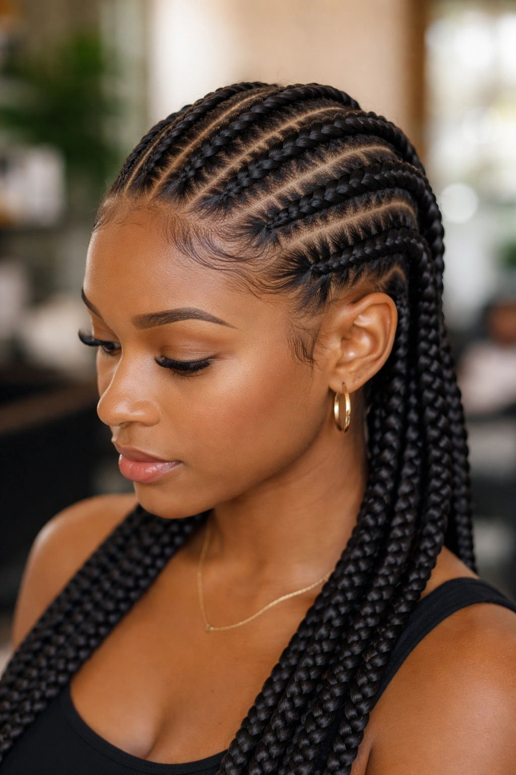 Portrait of a person with six straight-back cornrows from hairline to nape