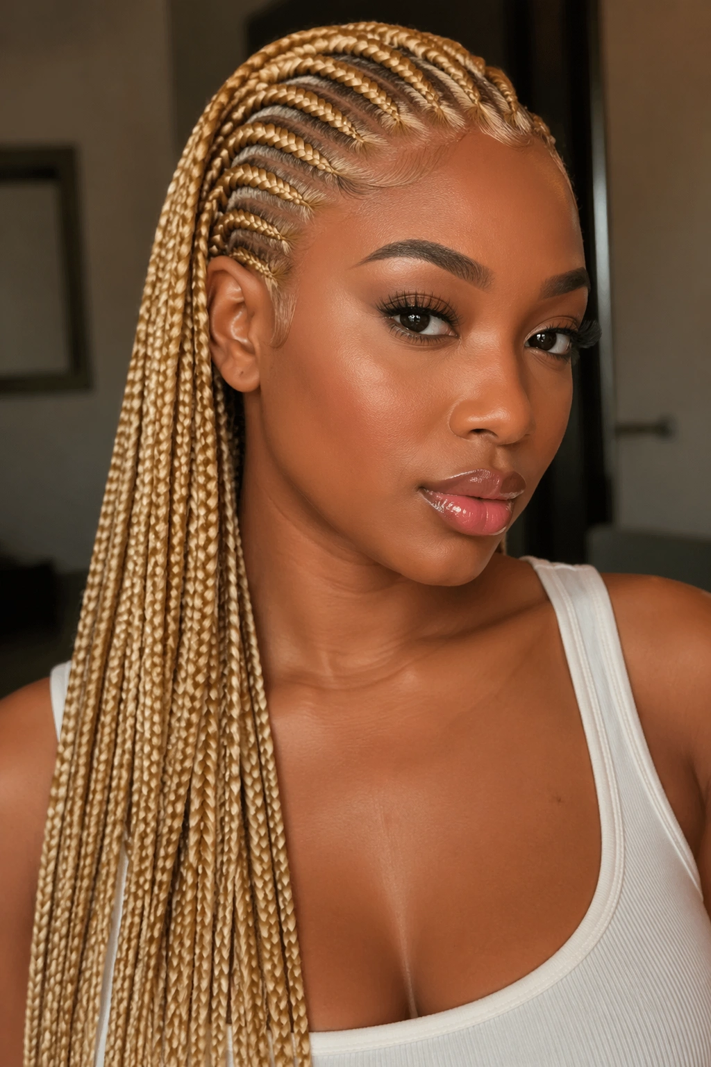 Close-up of blonde hair matching skin tone in warm indoor light