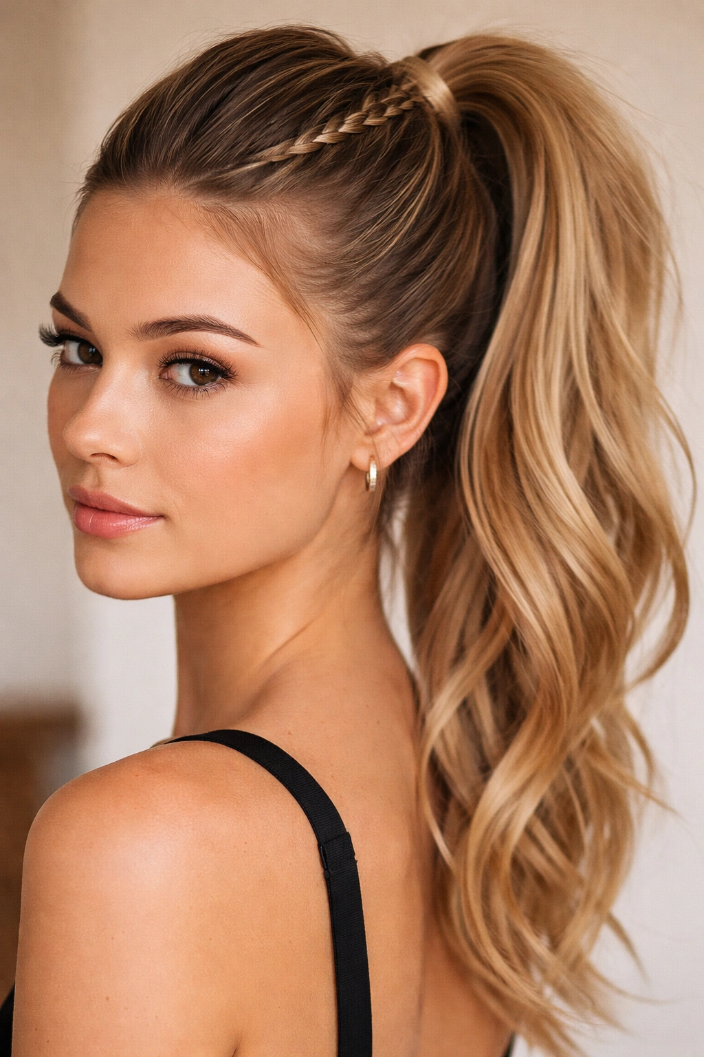 Skinny Accent French Braid Ponytail: slim hairline braid into high ponytail