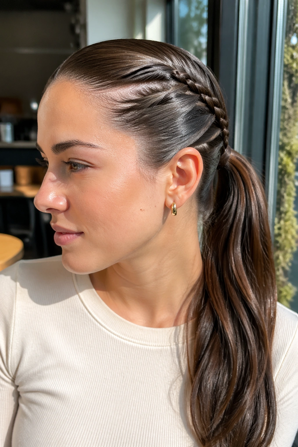 Close-up of a real woman with a skinny accent side stitch braid ponytail