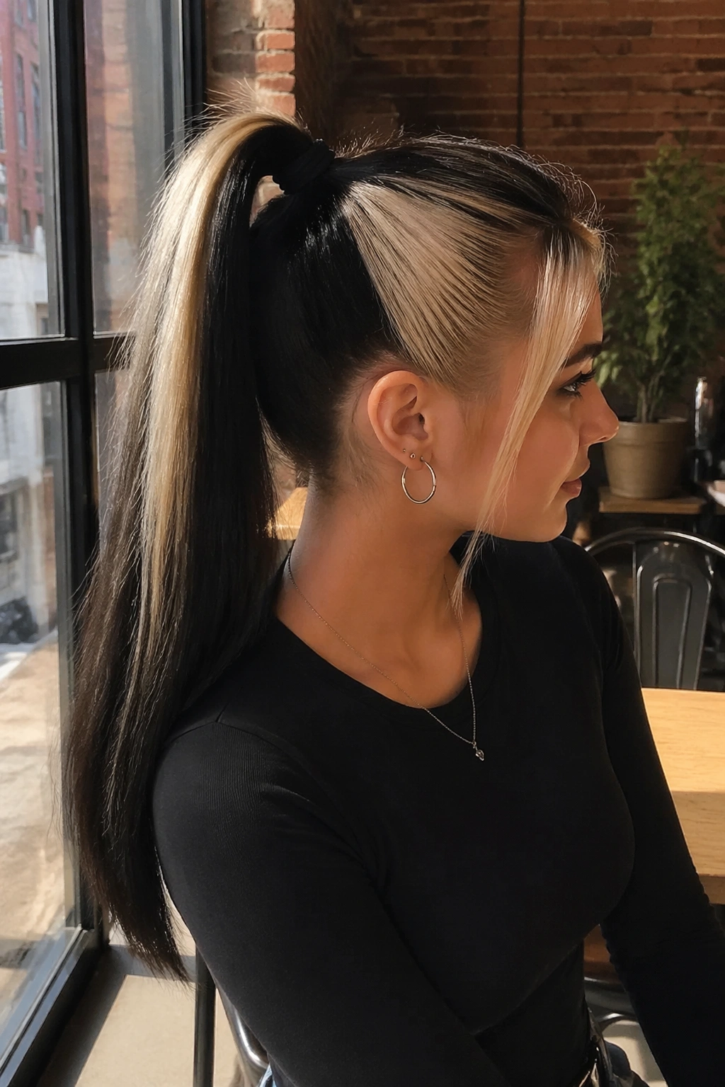 Side profile of two-tone skunk stripe ponytail at cafe.