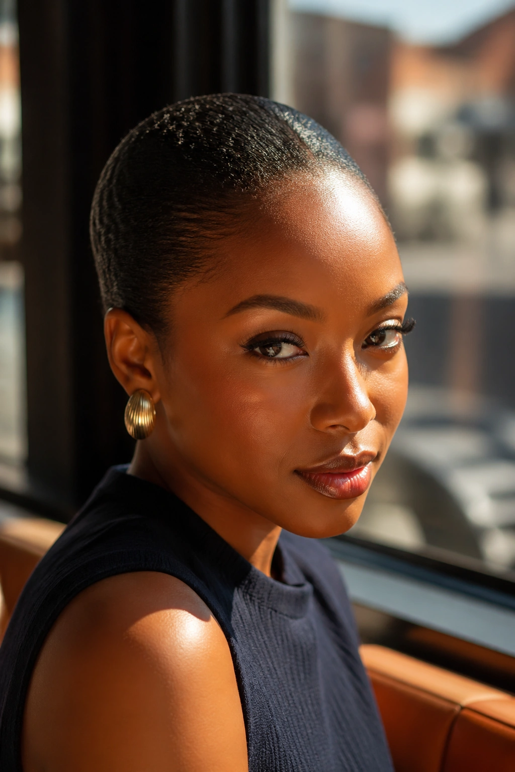 Close-up of a real woman with sleek all-back TWA and glossy scalp