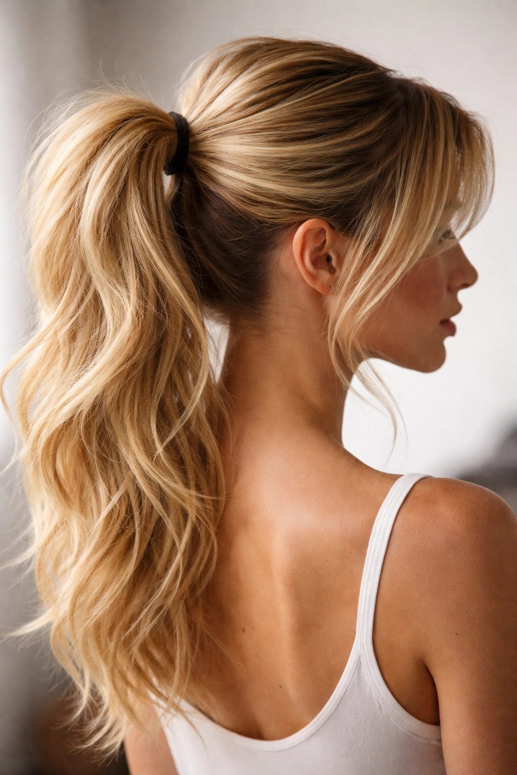 Back view of a high ponytail with a sleek base and teased, voluminous lengths